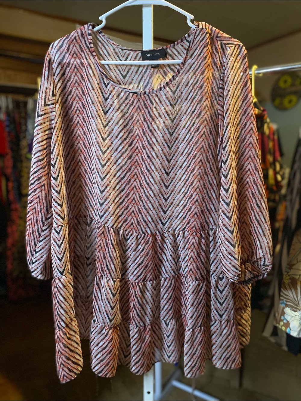 AB Studio Pink Cream and Black Tiered Chevron Blouse